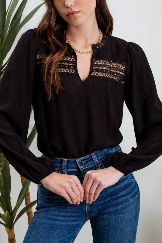 SPLIT NECK EYELET LACE TRIM LONG SLEEVE KNIT TOP