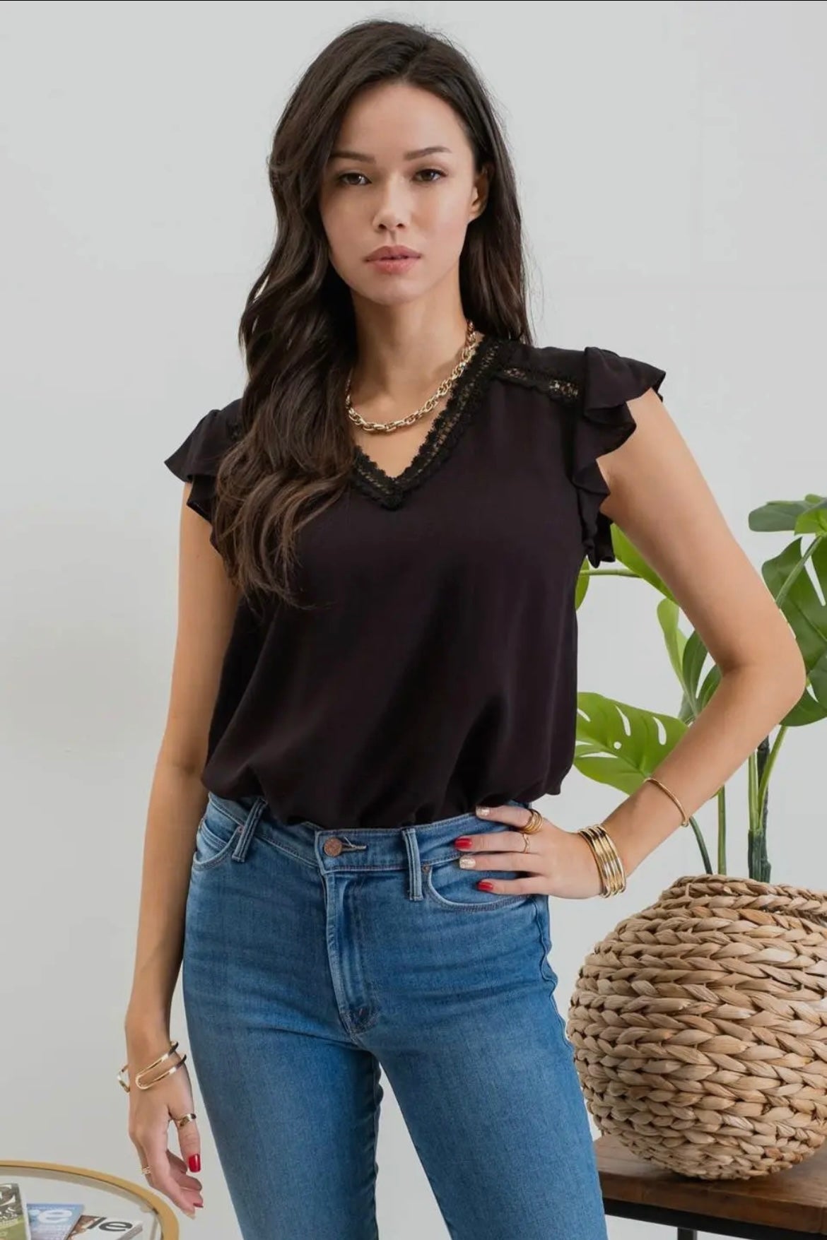 Black Scallop Lace Ruffle Sleeve Top