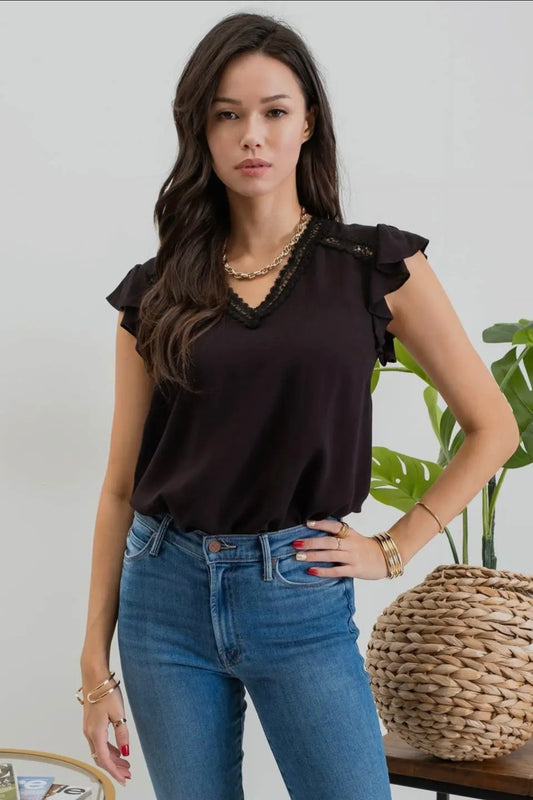 Black Scallop Lace Ruffle Sleeve Top