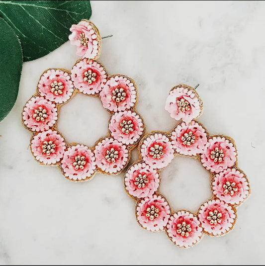 Pink Circle Beaded Flower Earrings