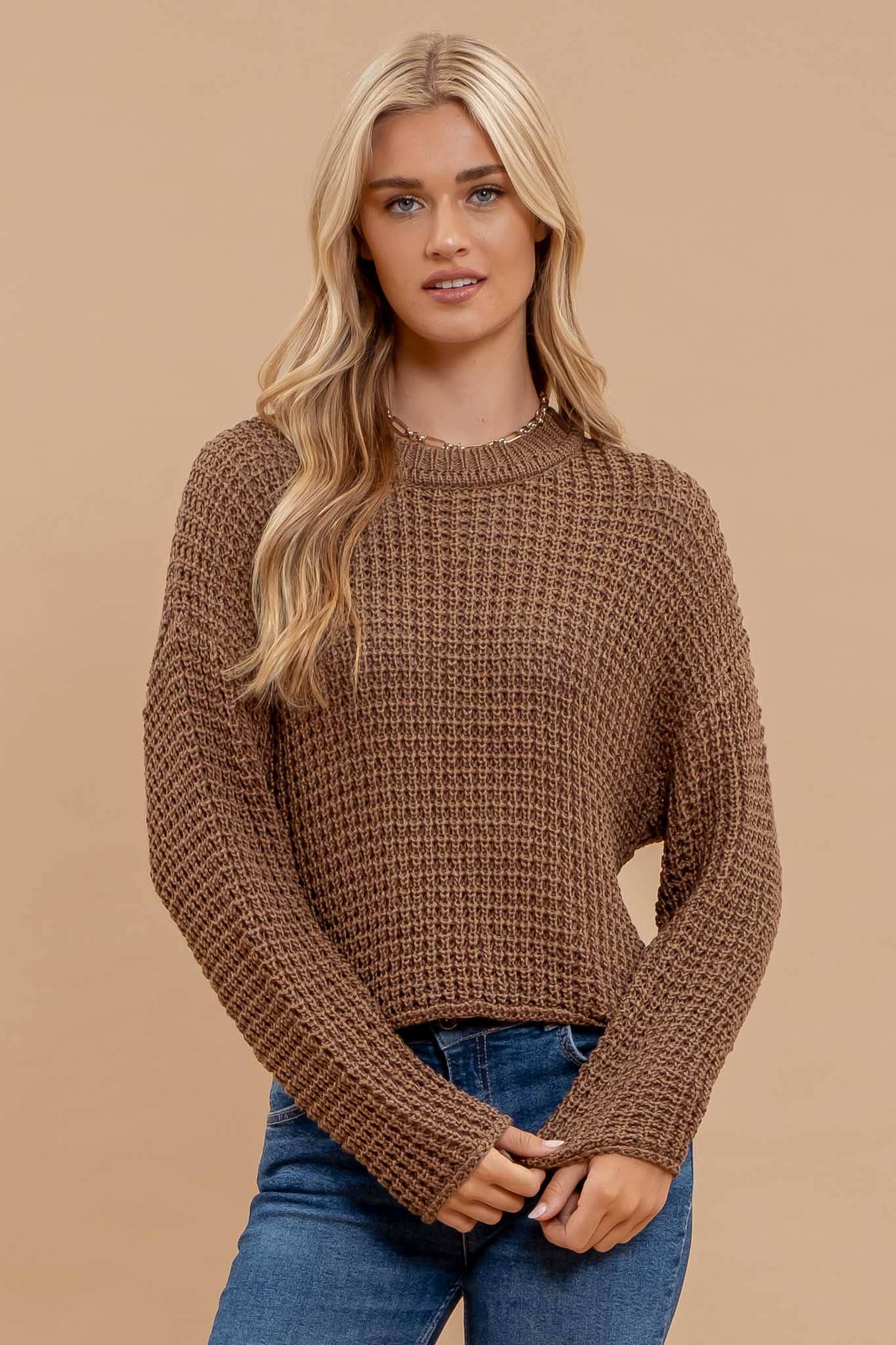 SHEER CREW NECK CROCHET KNIT SWEATER