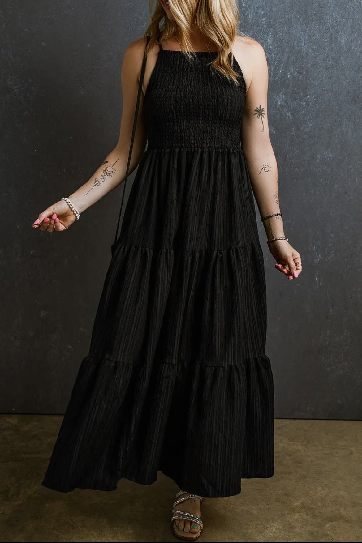 Black Smocked Tiered Maxi Dress