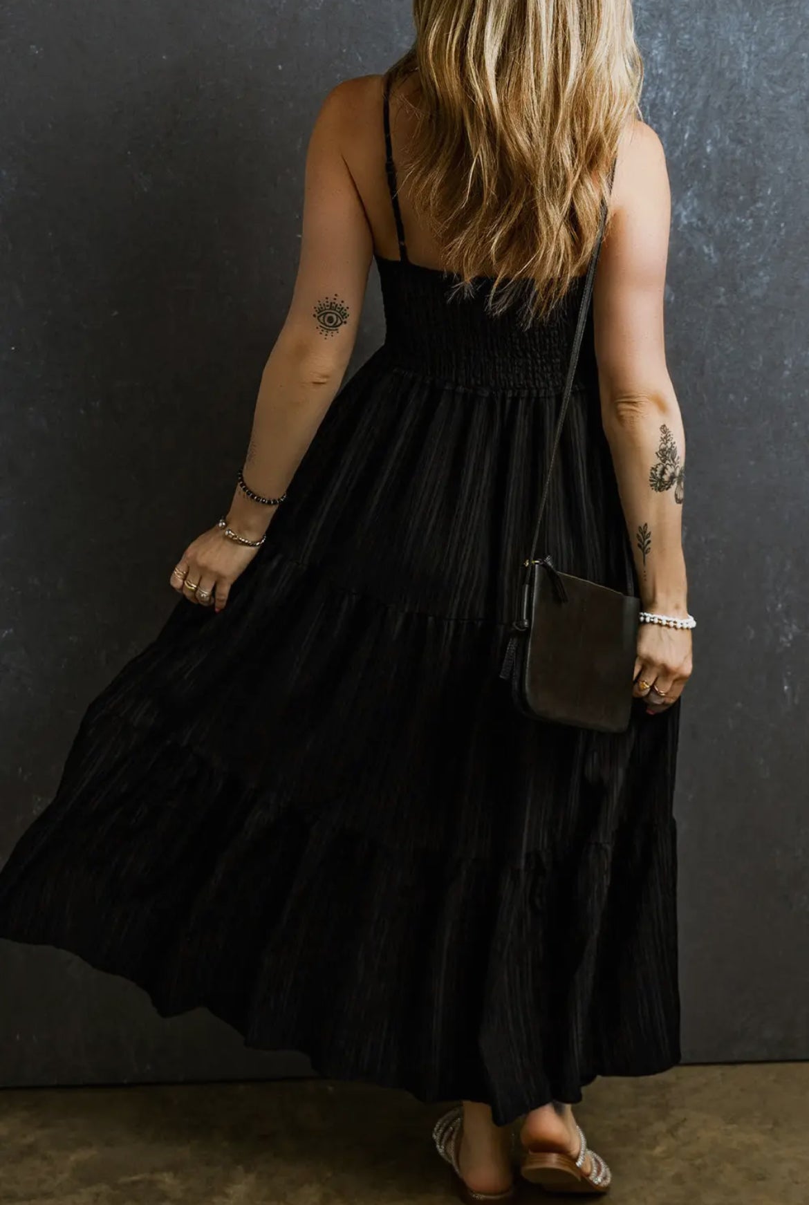 Black Smocked Tiered Maxi Dress