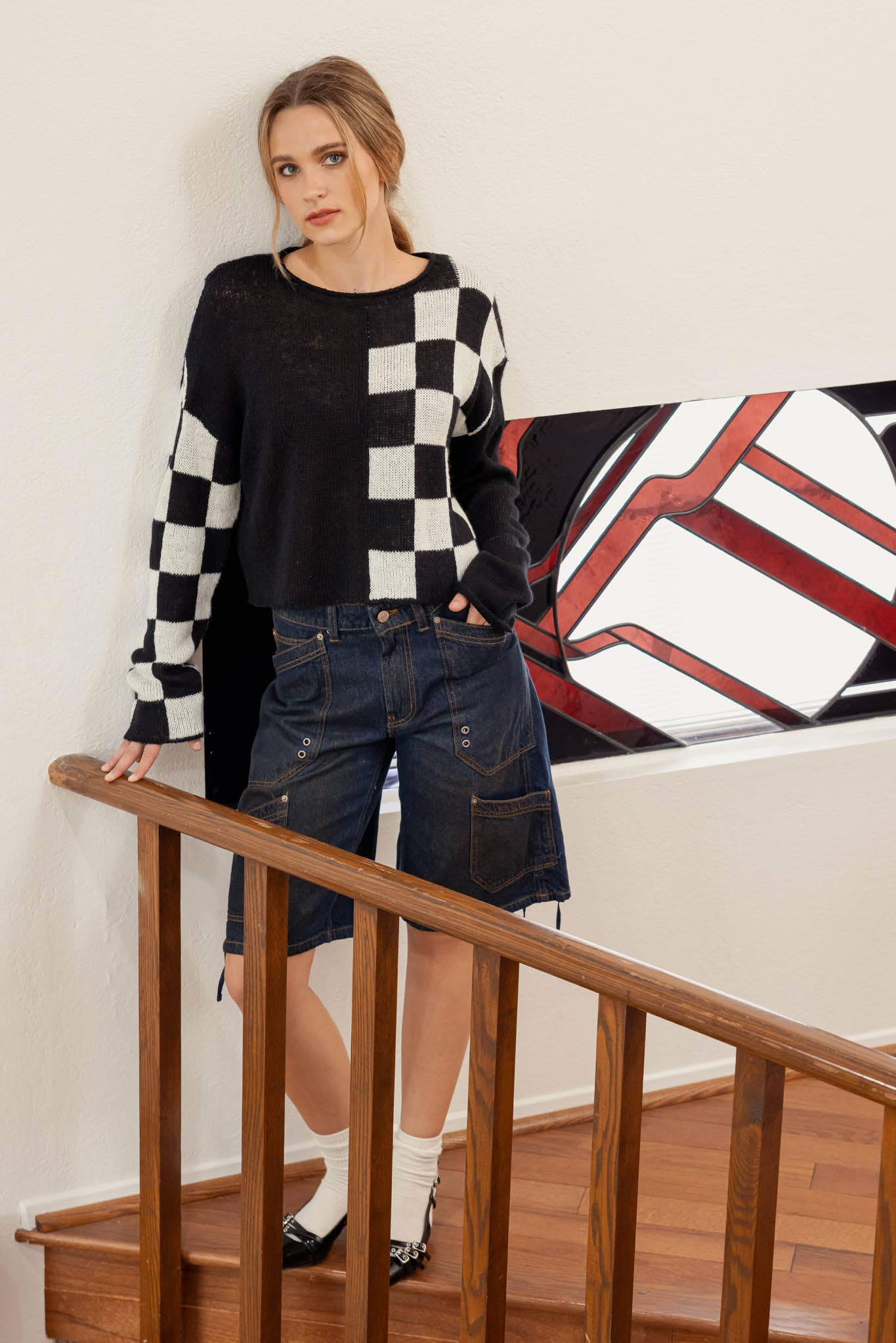 COLORBLOCK CHECKERED LONG SLEEVE KNIT SWEATER