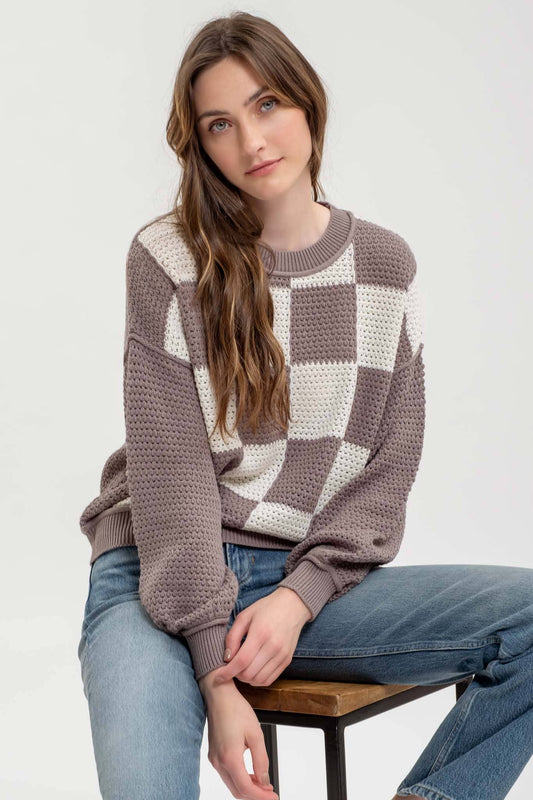 CHECKERED CROCHET KNIT LONG SLEEVE SWEATER